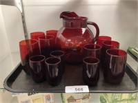Vintage Cranberry Glass Ball Pitcher, Cups.