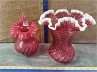 2 SWIRLING GLASS CRANBERRY VASES