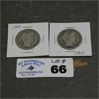 (2) 1912 Silver Barber Half Dollars