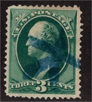 US FANCY CANCEL BLUE STICK MAN SCOTT# 147, $75.00