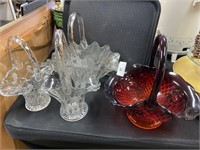 4 Glass baskets, ruby, etched, frost.