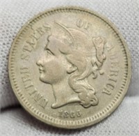 1866 Three Cent Nickel AU w/ Toning