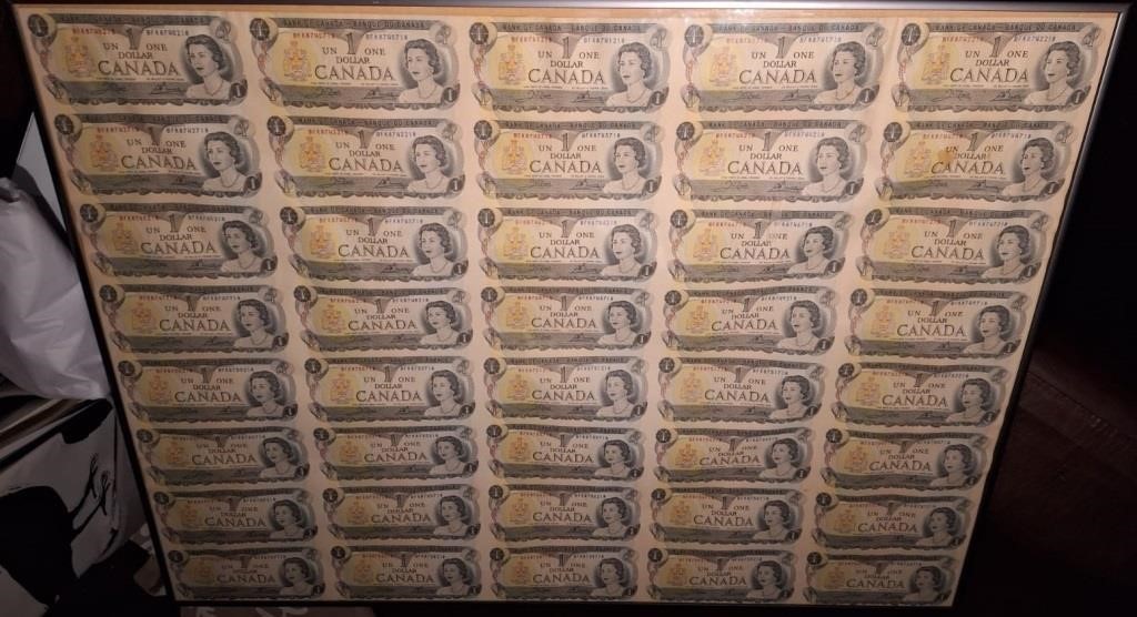 Sheet of 1973 Canadian $1 Notes in Frame