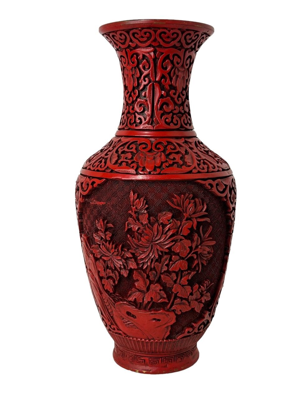 Vintage Red Chinese Carved Cinnabar Lacquer Vase