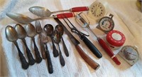 Vintage flatware, red handle serve ware &  timers