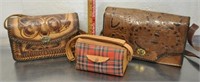 2 leather tooled purses, fabric purse