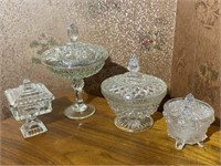 4 Pressed Glass Covered Compotes