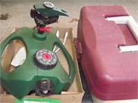 SPRINKLER, GARDENING TOOLS, AND TACKLE BOX (EMPTY)