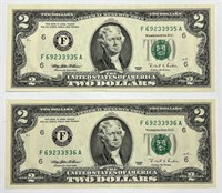 Series 1995 Consecutive Serial Number $2 Bills!