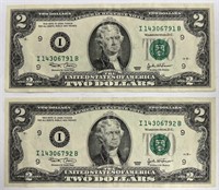 Series 2003 Consecutive Serial Number $2 Bills!
