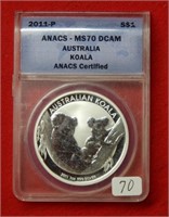 2011 Australia $1 Koala ANACS MS70DCAM 1 Oz Silver
