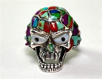 Solid Sterling Opal/Turquoise/Coral Skull Ring 16G