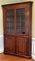 Walnut corner cupboard, 2 part, top has crown