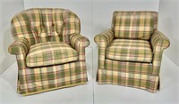 Overstuffed barrel back chair, plaid fabric is