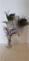 Glass Flower Vase W/ 2 Peacock  Feathers