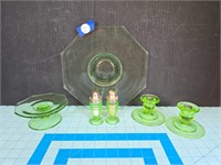 Uranium glass trays, candle holders & salt &pepper