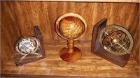 Pair of globe book ends and homemade wooden globe