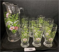 WV Glass Co Painted Floral Pitcher 7 Glass Set.