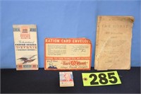 WW II ration book, 10 cent Defense stamp album,