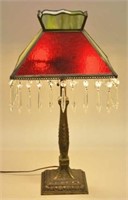 Antique Slag Glass Lamp w/Glass Crystals.