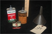 VINTAGE OIL CANS AND FUNNEL