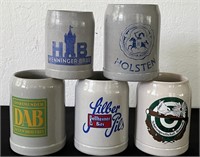 5 German Beer Steins Pottery Mugs