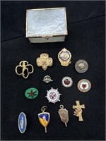 Vintage Lot of 13 Pins and Pendants & Small Box