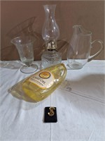 Oil Lamp, Etched Vase & Glass