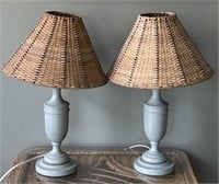(2) Wicker Lamp Shade Wood Base Table Lamps