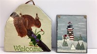 Painted slate Welcome squirrel (12”)  and snowman