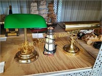 2 brass desk lamps & stained glass lighthouse