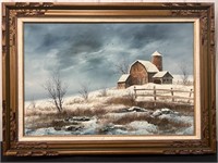 Winter barn painting on canvas, Everett Woodson