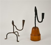 Two Early Wrought Iron Rush Lamps
