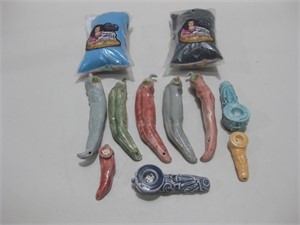 Assorted Pipes W/Two Pipe Pouches Longest 7.75"