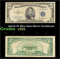 1953A $5 Blue Seal Silver Certificate Grades vf+