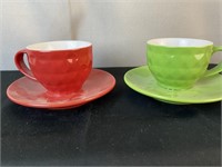 Red & Green Tea Cups With Attached Saucers