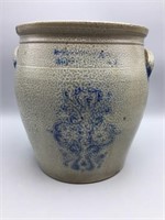 Blue decorated 3 gallon stoneware crock