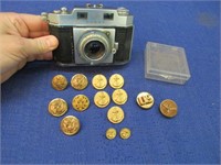 vintage agfa karat camera & 14 military buttons