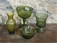 (4) GREEN GLASS VASES AND BOWLS