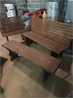 WOODEN TABLE AND 3 BENCHES