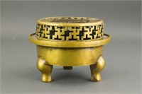 Chinese Bronze Tripod Censer with Cover Qianlong