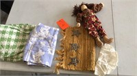 Table linens, craft doll etc