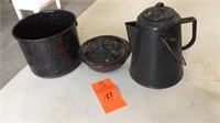 3 black speckled graniteware items