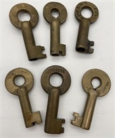 Lot Of 6 Vintage Brass Railroad Keys