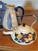 Pansies teapot and blue/white pitcher