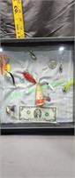 Display fishing lures two dollar bill half dollar