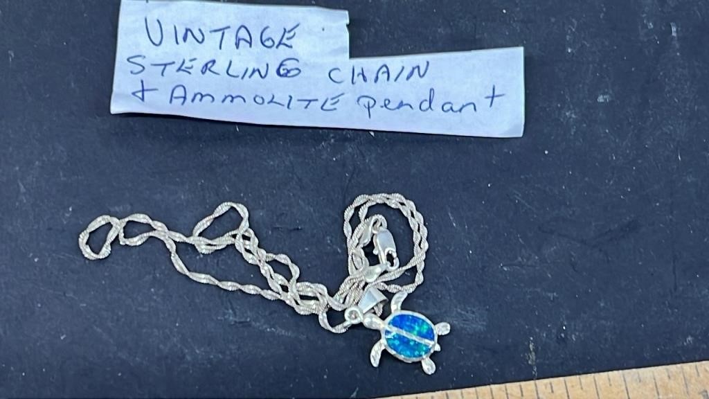 Vintage Sterling Chain & Blue Opal Pendant. #SC