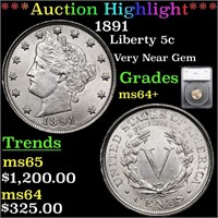 *Highlight* 1891 Liberty 5c Graded ms64+