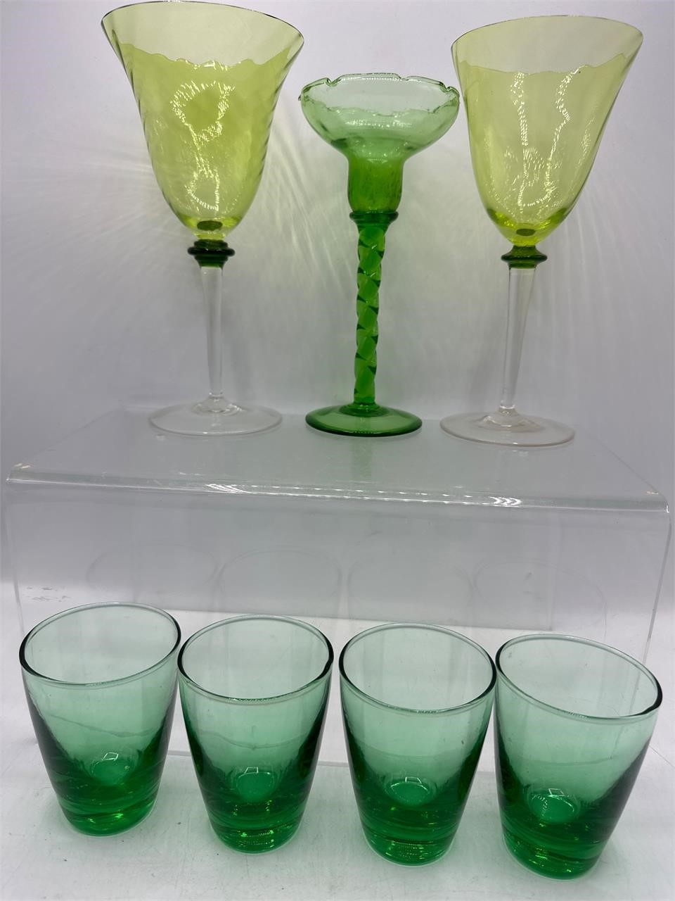 Green glass stemware & more