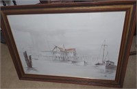 Framed Watercolor of Port 41x29